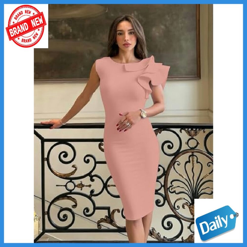 Elegant Formal Bodycon Ruffle Sleeveless Midi Cocktail Party Dress - Picture 5 of 7